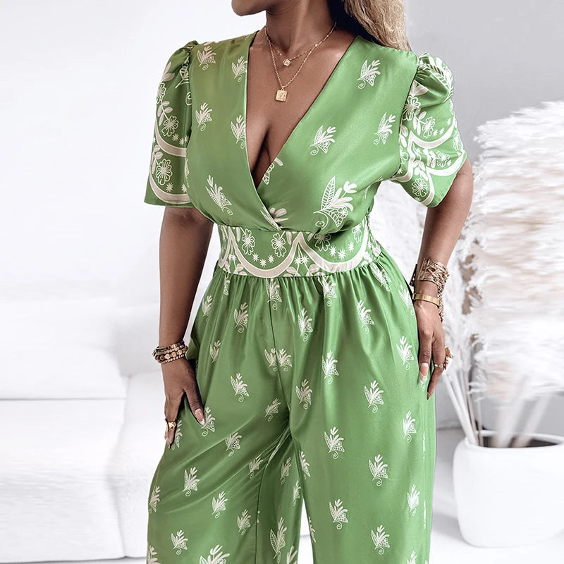 Vintage V Neck Long Pants Bohemian Printed High Waisted Loose Jumpsuit