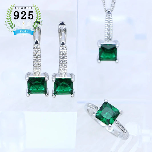 Sterling Silver Jewelry 3Set for Women Square Emerald Open Ring Earrings Pendant Necklace Free Gift Box