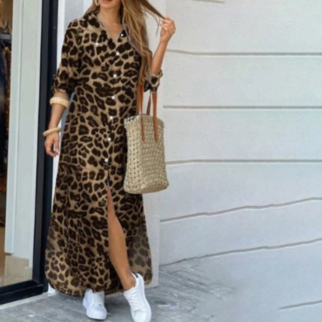 Long Sleeve  Pocket Button Print Shirts Dress