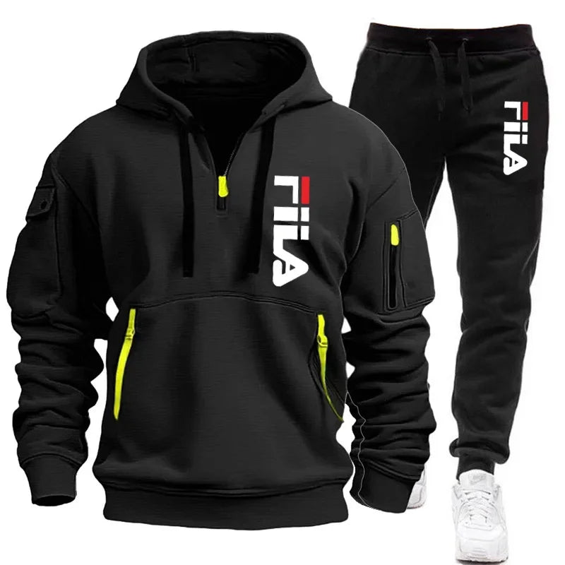 men hooded sweatshirt + Trouser, outdoor multi-pocket men's pullover sportswear set