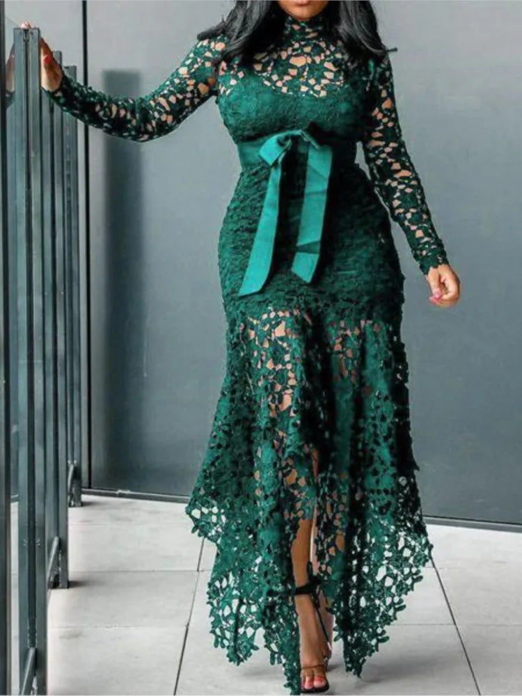 French Lace Bubble Sleeves Waist Cinching Slimming Dress Elegant Long Dress