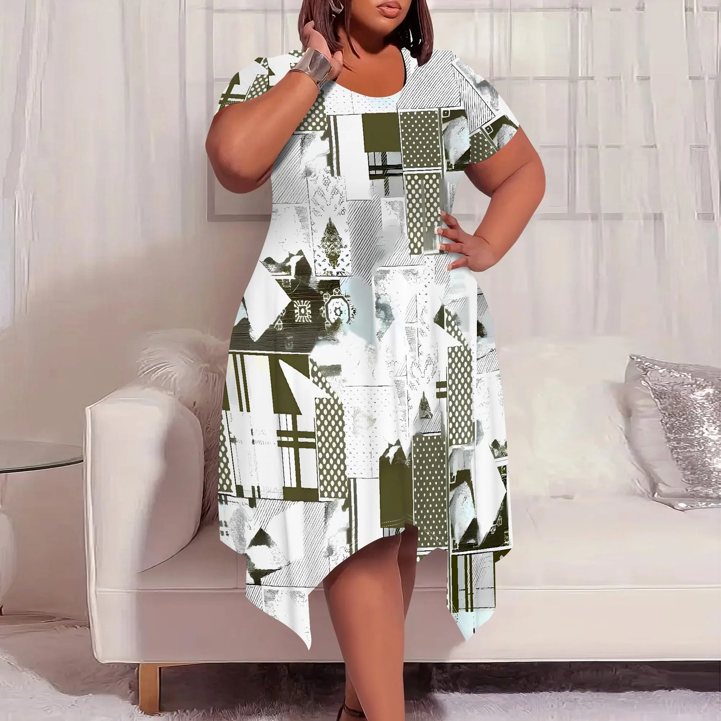 Eclectic Patchwork Abstract Round-Neck Short-Sleeve Dress