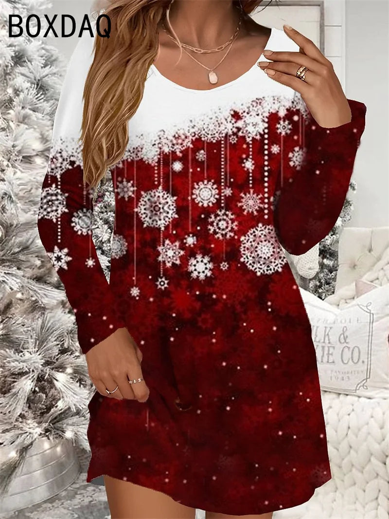 Christmas Snowflake Print Mini Dress Long Sleeve O-neck