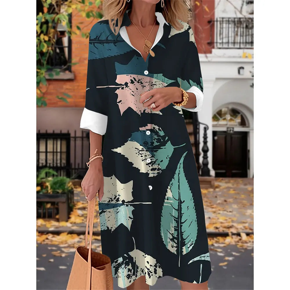 Printed V Neck Long Sleeves Button Sexy  Beach and Party Dress