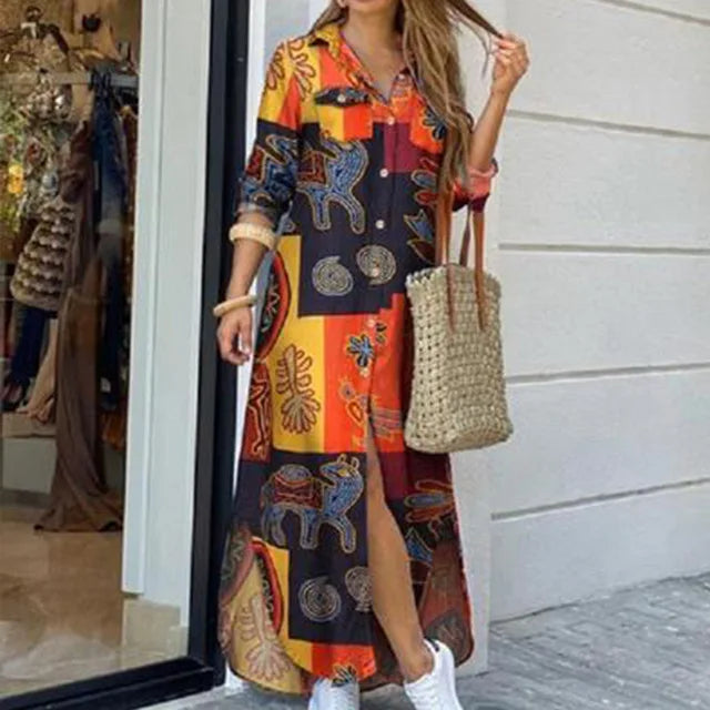 Long Sleeve  Pocket Button Print Shirts Dress
