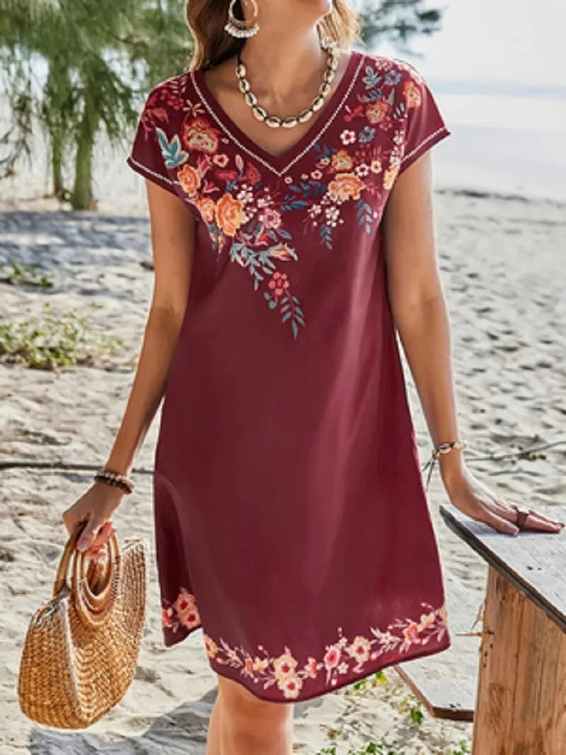 Bohemian Floral Print V-neck Slimming Short-sleeved Straight Dress