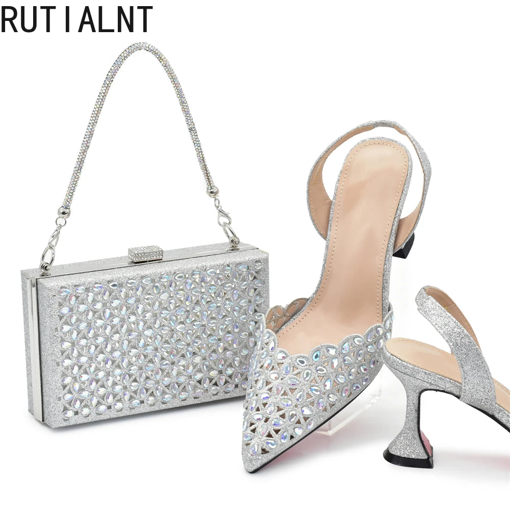 Silver Color Shoes and Bag for Party Wedding Luxery Women Shoe and Bag