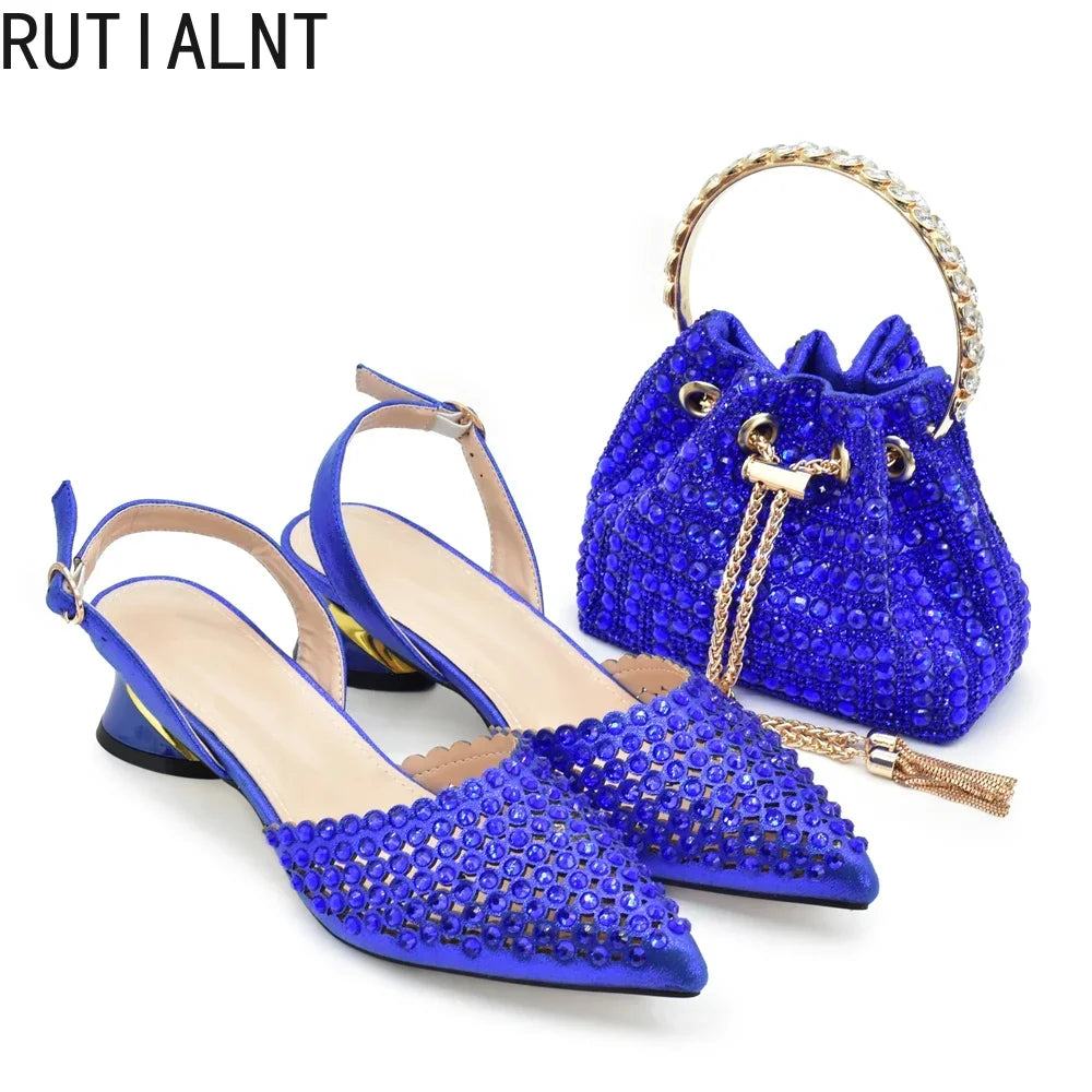 Italian Shoes with Matching Bags Set Decorated with Rhinestone