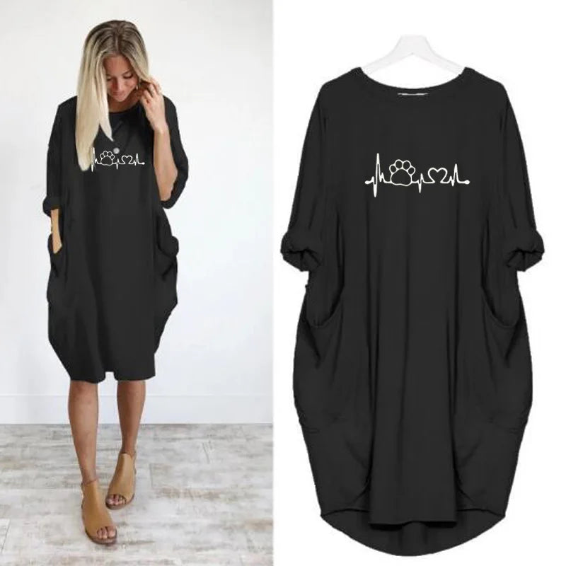 Plus Size Dress Autumn  Winter Casual Round Neck Solid Color Long Sleeve Pocket  Pullove Dress