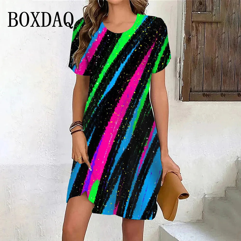 Gradient Rainbow Stripe Short Sleeve Dress O-Neck Print Loose Party Clothes