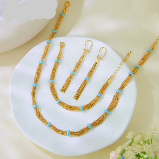 21k Gold Plated Multi Chains Necklace Bracelet Earrings