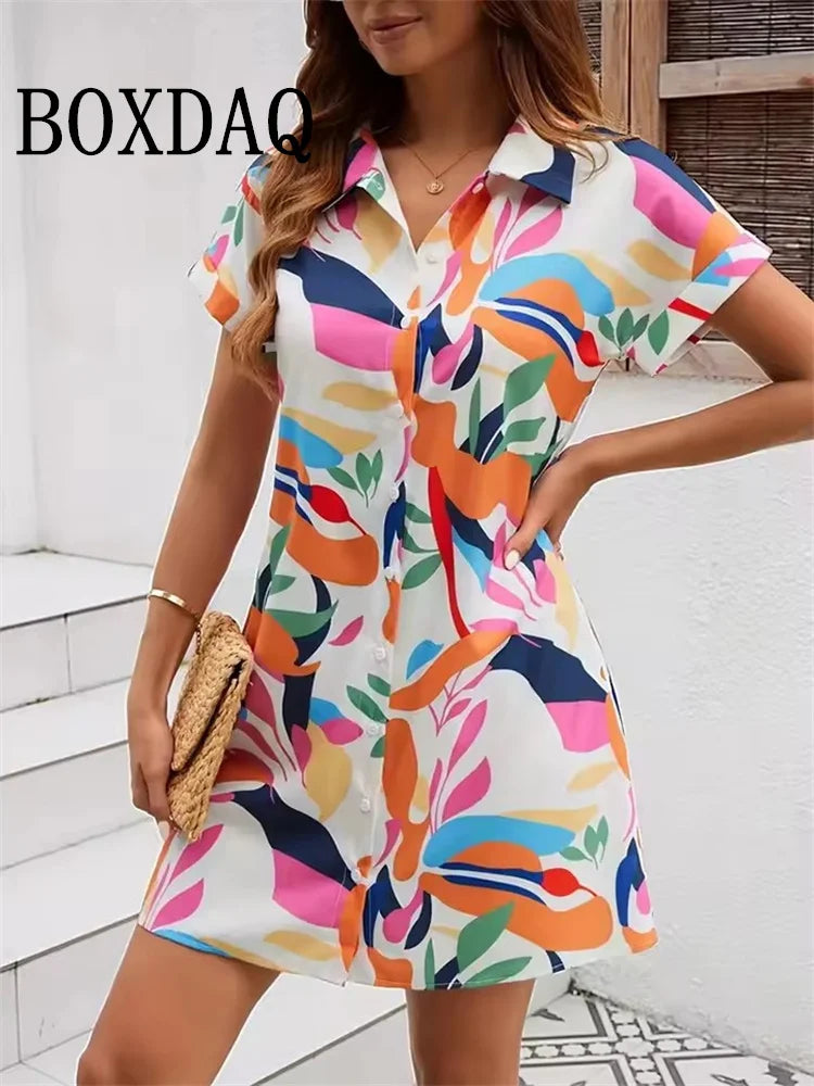Summer Party Elegant Sundress Casual Button Lapel Shirts Dress
