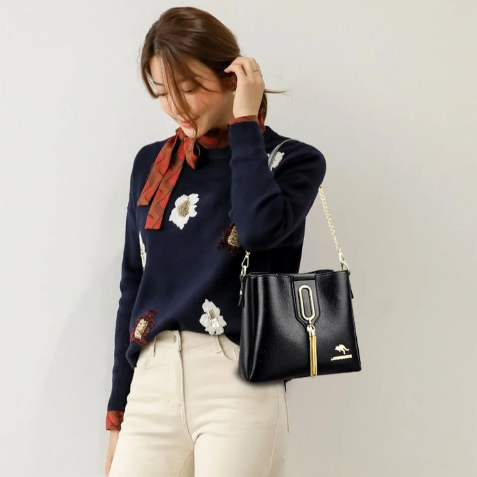 High Quality Leather Three layers Ladies Shoulder Crossbody Bag