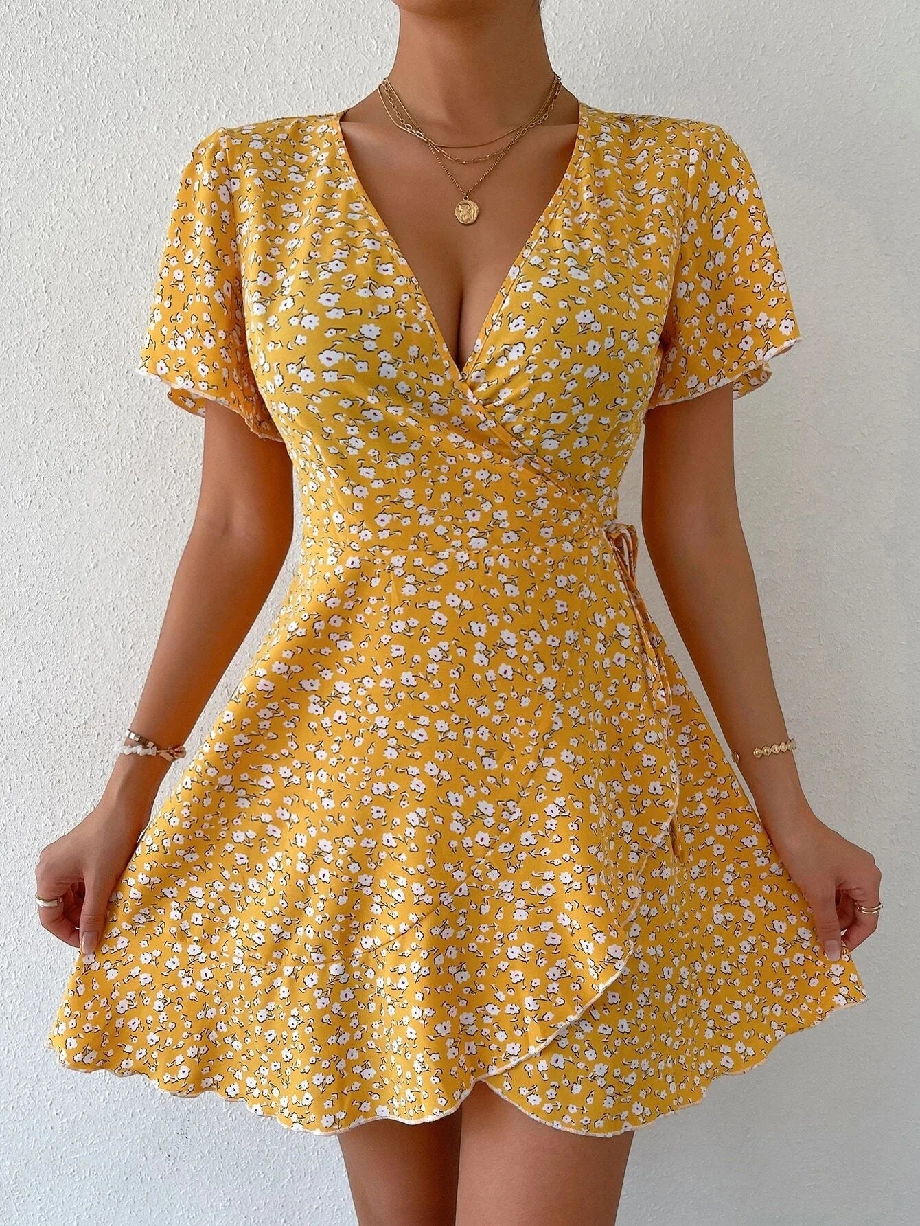 Women Sexy Printed A Line Dress Summer  V-Neck Short Sleeved Mini Dresses