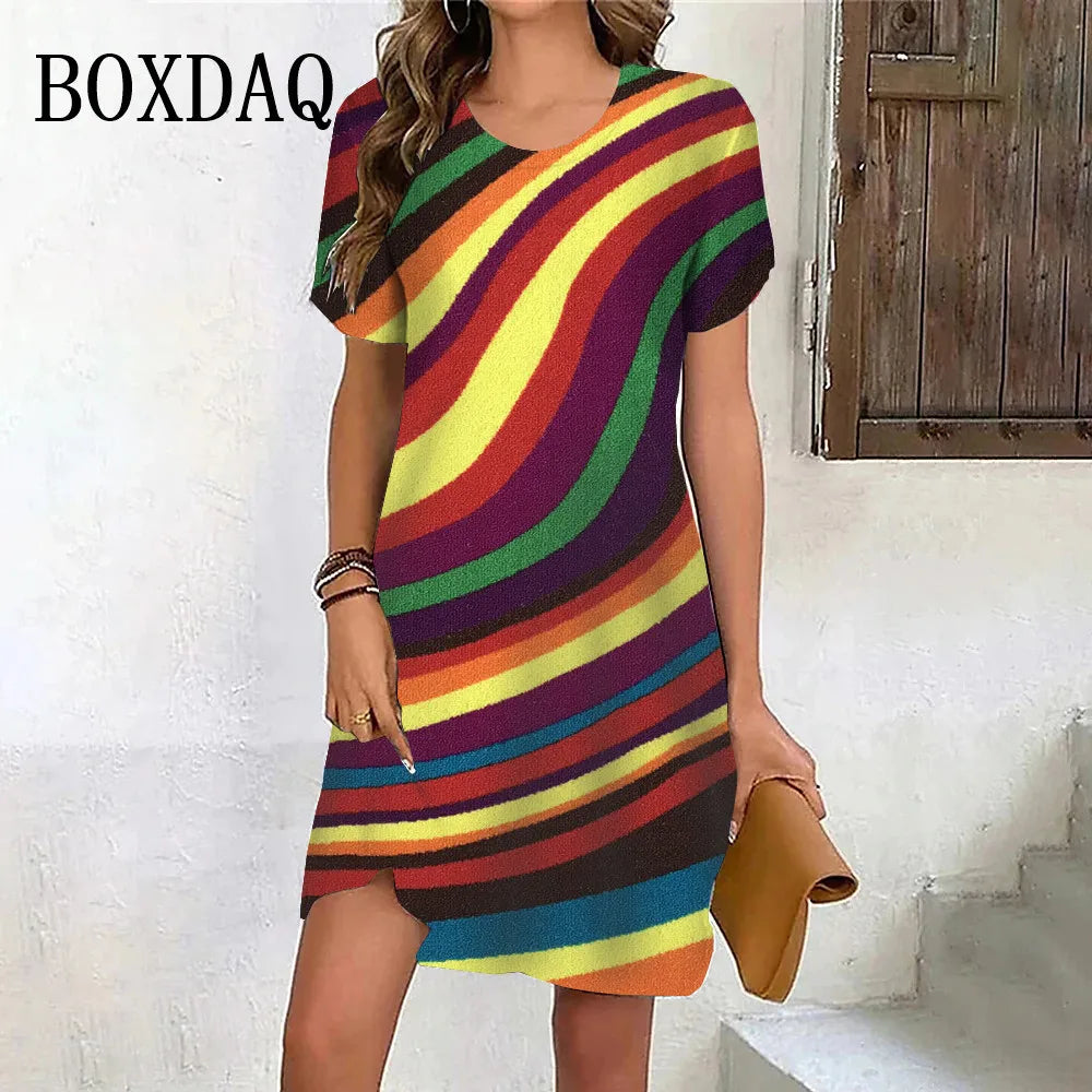 Gradient Rainbow Stripe Short Sleeve Dress O-Neck Print Loose Party Clothes