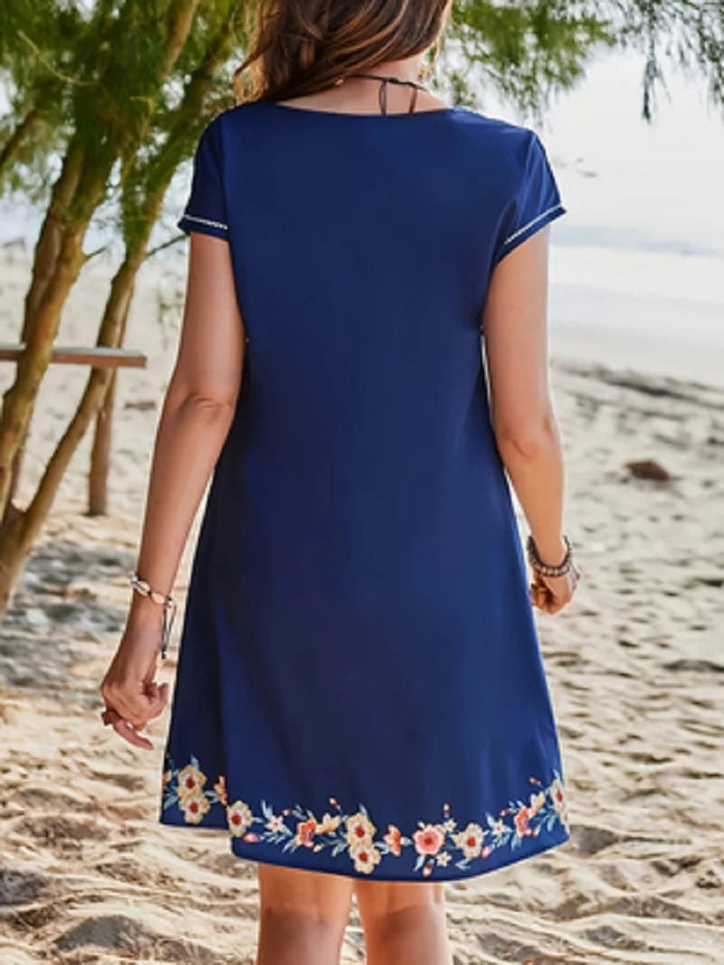 Bohemian Floral Print V-neck Slimming Short-sleeved Straight Dress