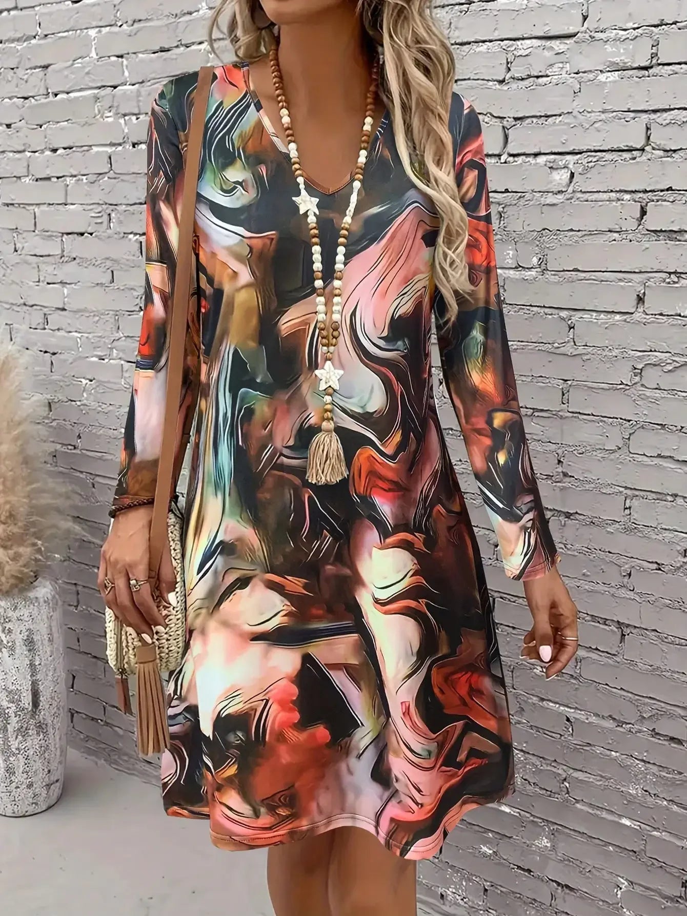Long Sleeve  Scallop  Mini  V-neck Dress