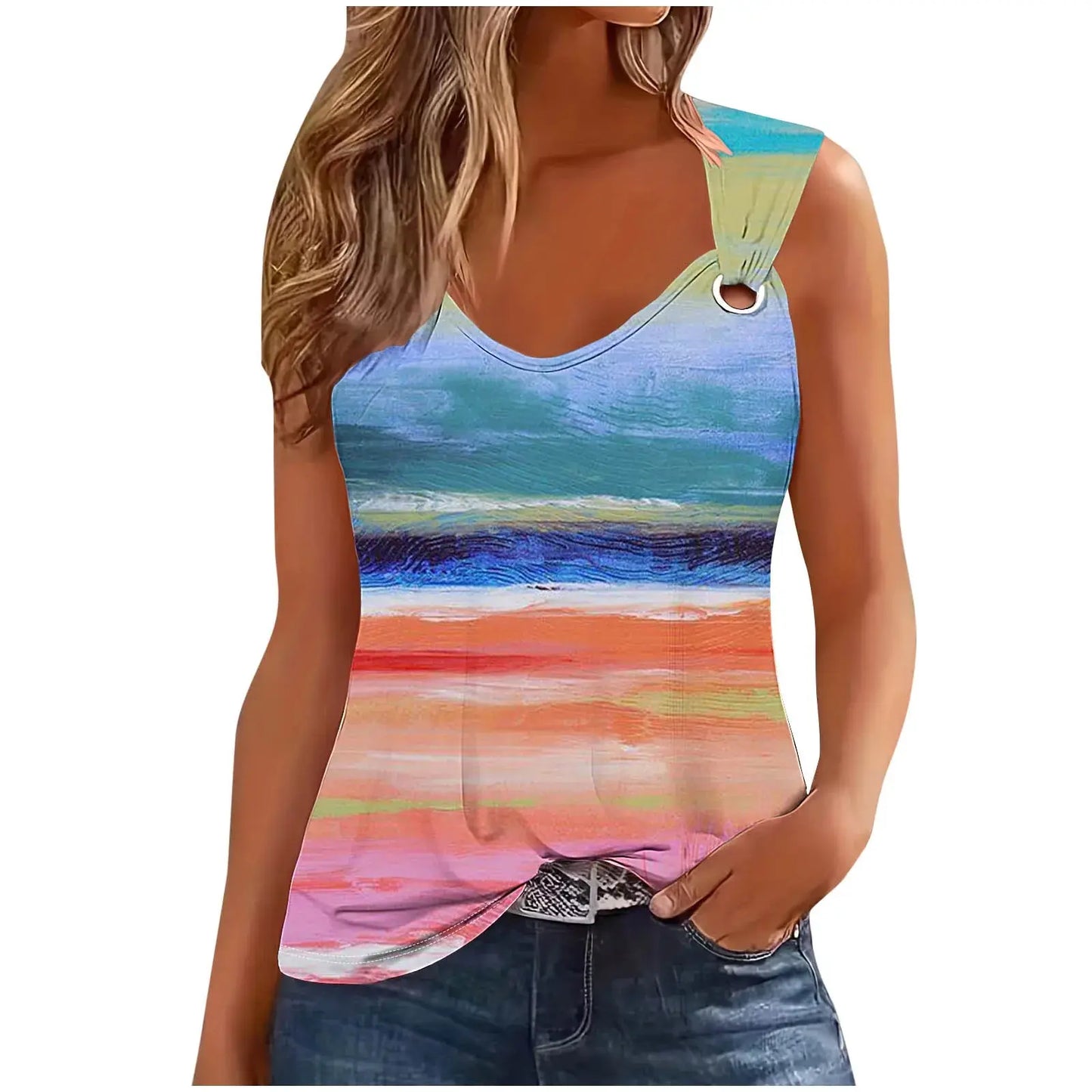 2025 Summer  T-shirt Sleeveless V-neck Stripe n