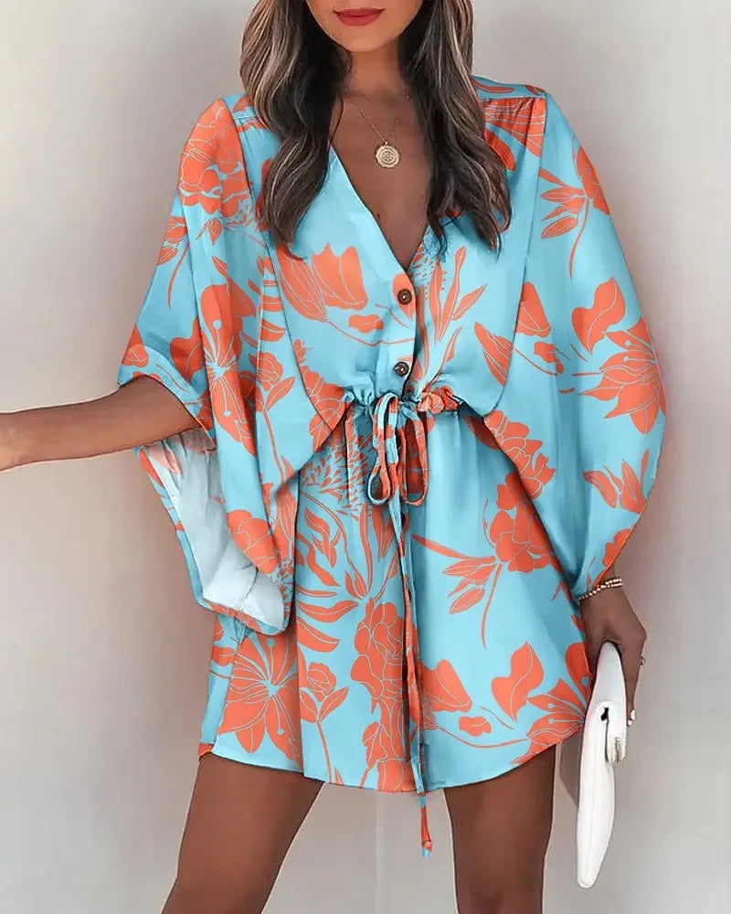 Summe New Floral Print Bat Half-Sleeve V-Neck