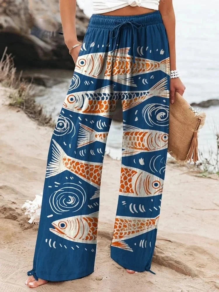 Relaxed-Fit Casual Pants 3D Floral Print Comfortable Breathable Fashionable Wide-Leg Pants