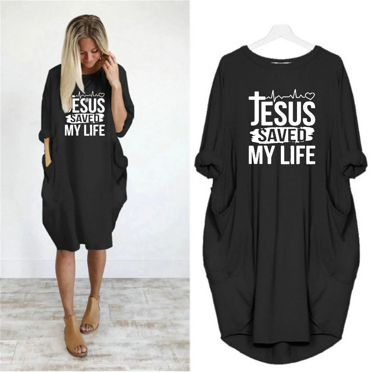 JESUS SAVED MYLIFE Print Round Neck Long Sleeve Pocket Comfortable Dress