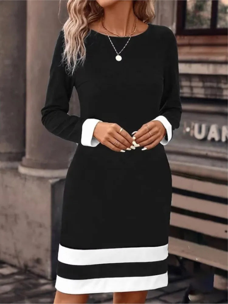 Blocked Dress Long Sleeved Round Neck