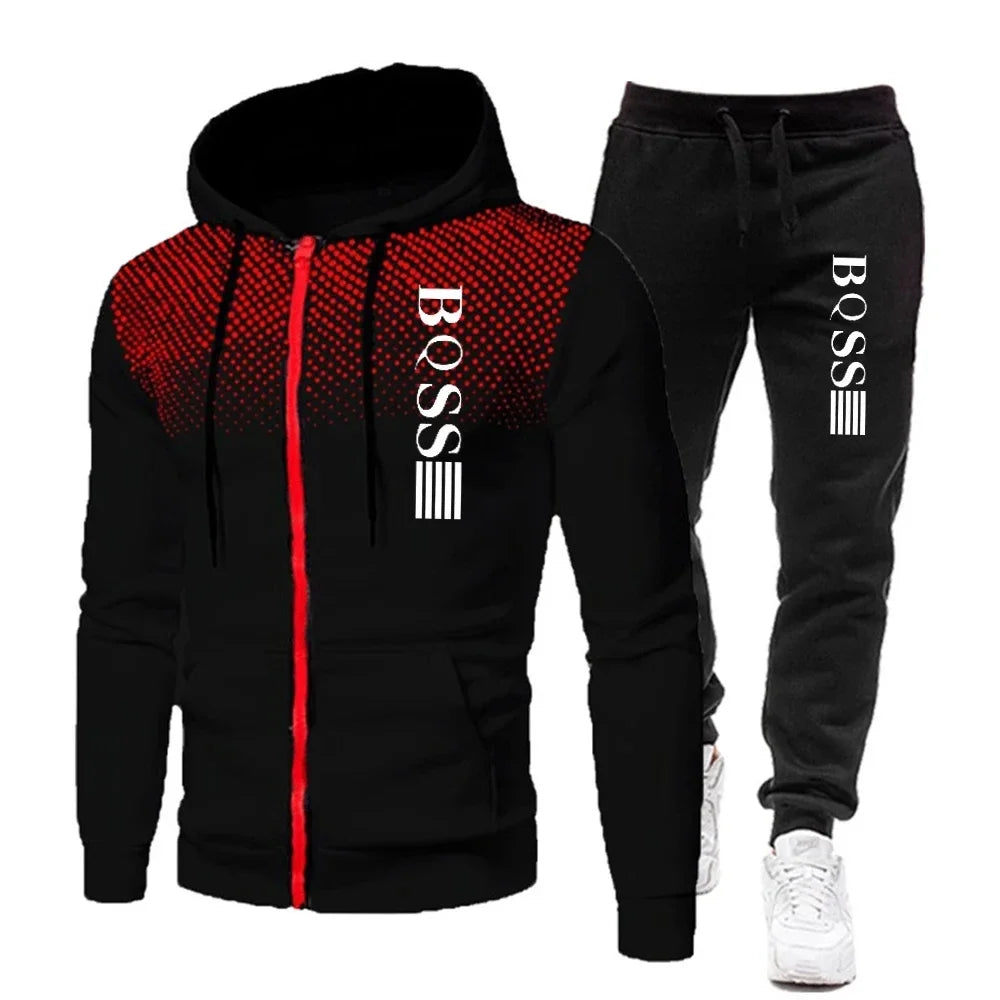 Fashion Print Tracksuit for Men Zipper Hooded Sweatshirt and Sweatpants Two Pieces Suits