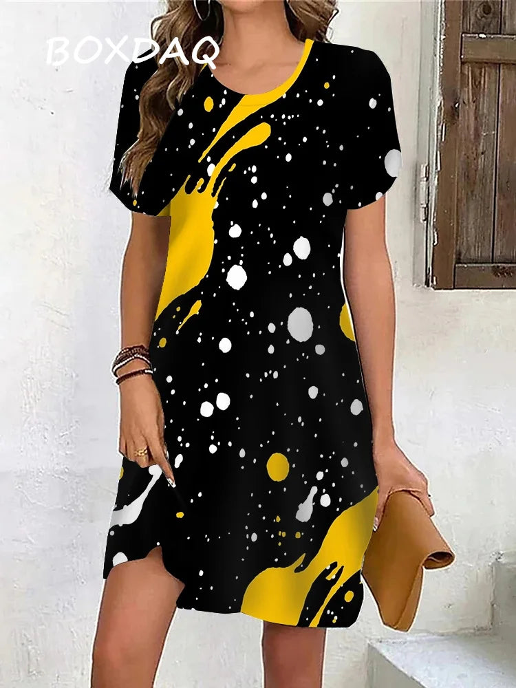 Summer women's short sleeve dress Print Loose Beach Dress