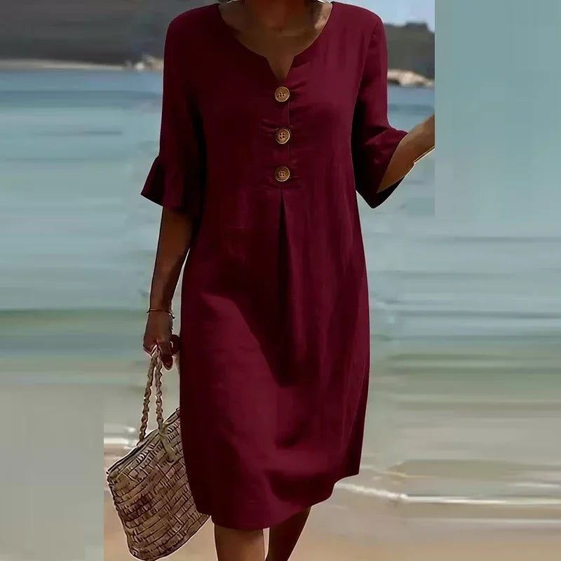 Elegant V Neck Half Sleeve Button Midi Holiday Dress