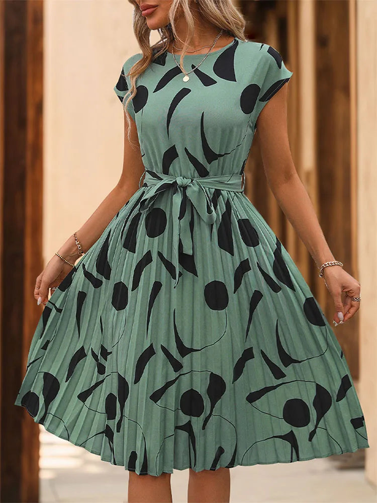 Women O Neck Pleated Medium Long Dress Fashion Print Lace-up Dress