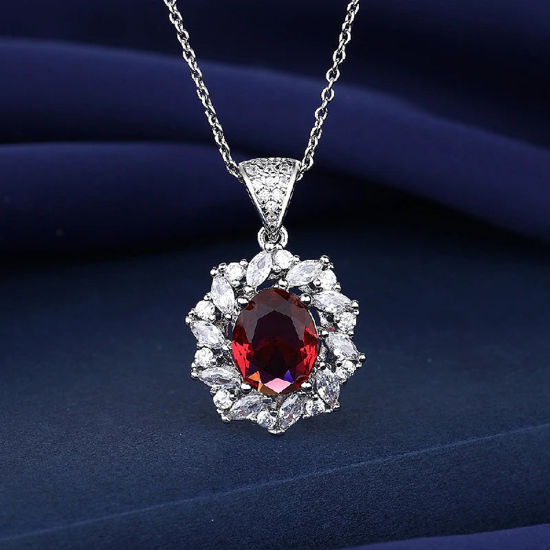 Trendy 925 Silver Jewelry Sets Ring Earrings Pendant Necklace with Ruby Zircon Accessories for Wedding Party Gifts