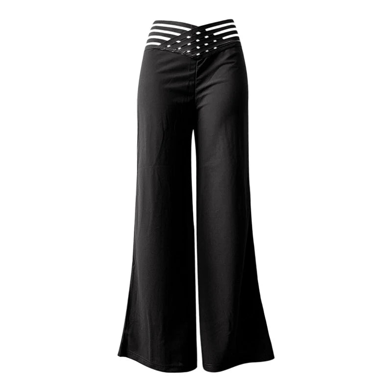 Fashionable Trendy Women's Hollowed Out Waist Belt High Waisted  Wide Leg Pants