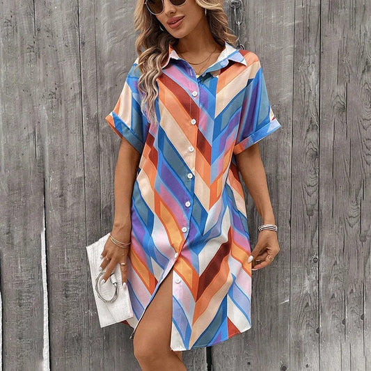 Summer Striped Printed Outdoor Sleeve Dresses Single Breasted