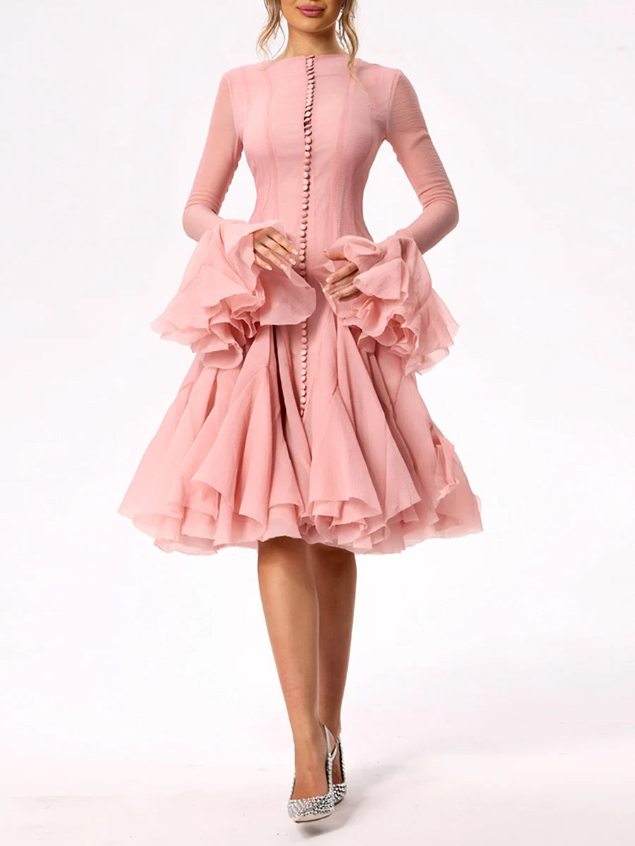 Pleated Patchwork Fashion Long Lantern Sleeve Waist Cinching Mini Dress