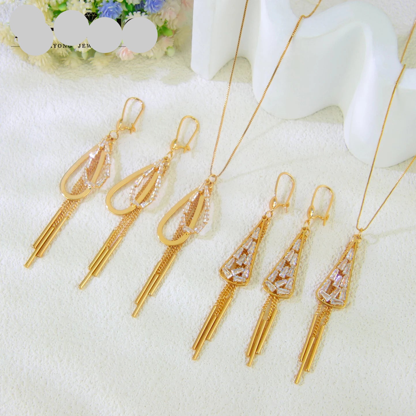 Elegant Shiny Tassel Necklace Set 21k Gold Plated Geometric Triangular Party Jewelry