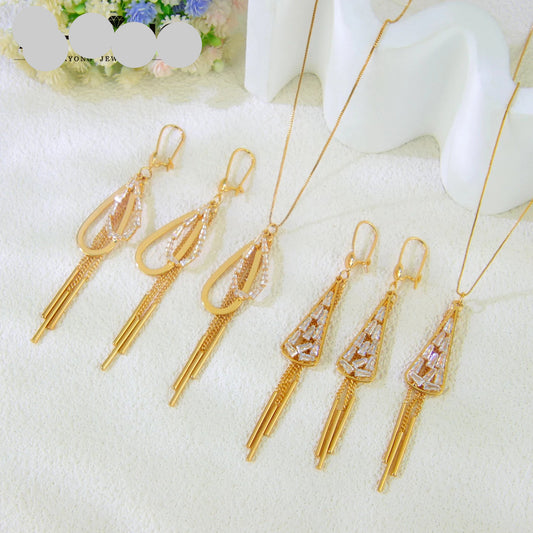 Elegant Shiny Tassel Necklace Set 21k Gold Plated Geometric Triangular Party Jewelry