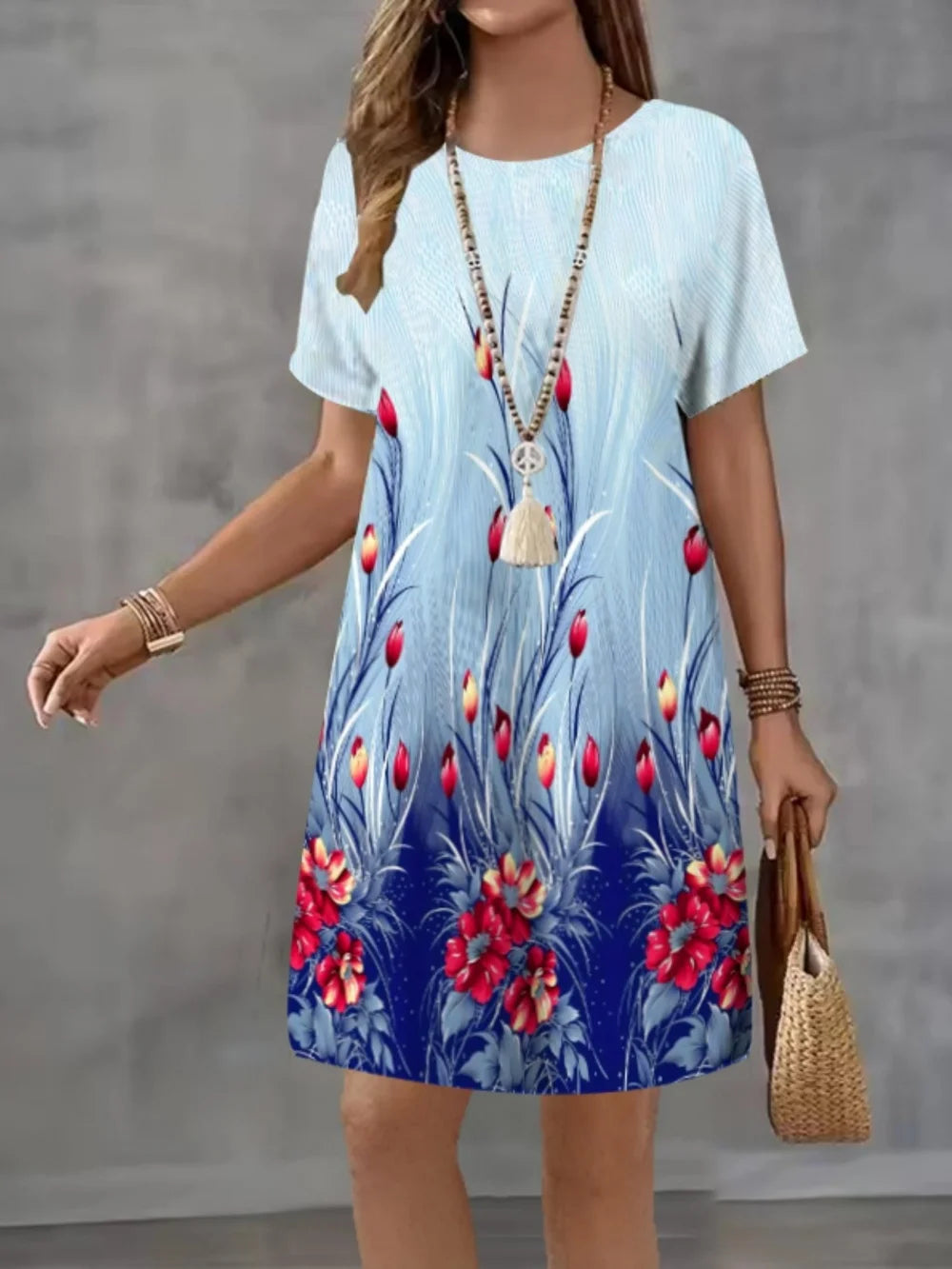 Floral Loose Vintage Sexy Elegant Befree Midi Short Sleeve Dress