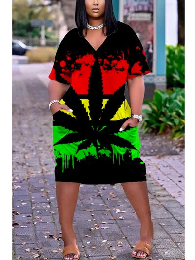 Ladies Short Sleeve Knee-length Boho V-Neck  Dress