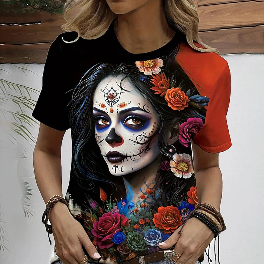 Short Sleeve T-Shirts 3d Flower Print Round Neck