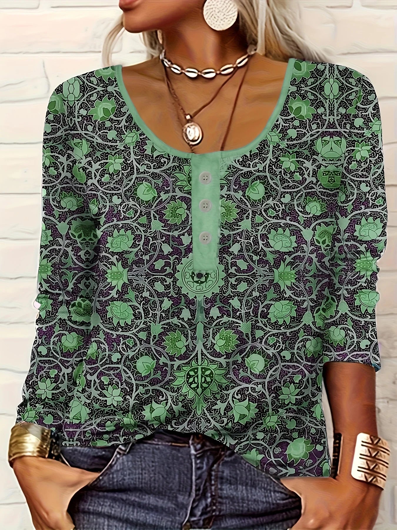 thin button ethnic print plus size women's long-sleeved T-shirt
