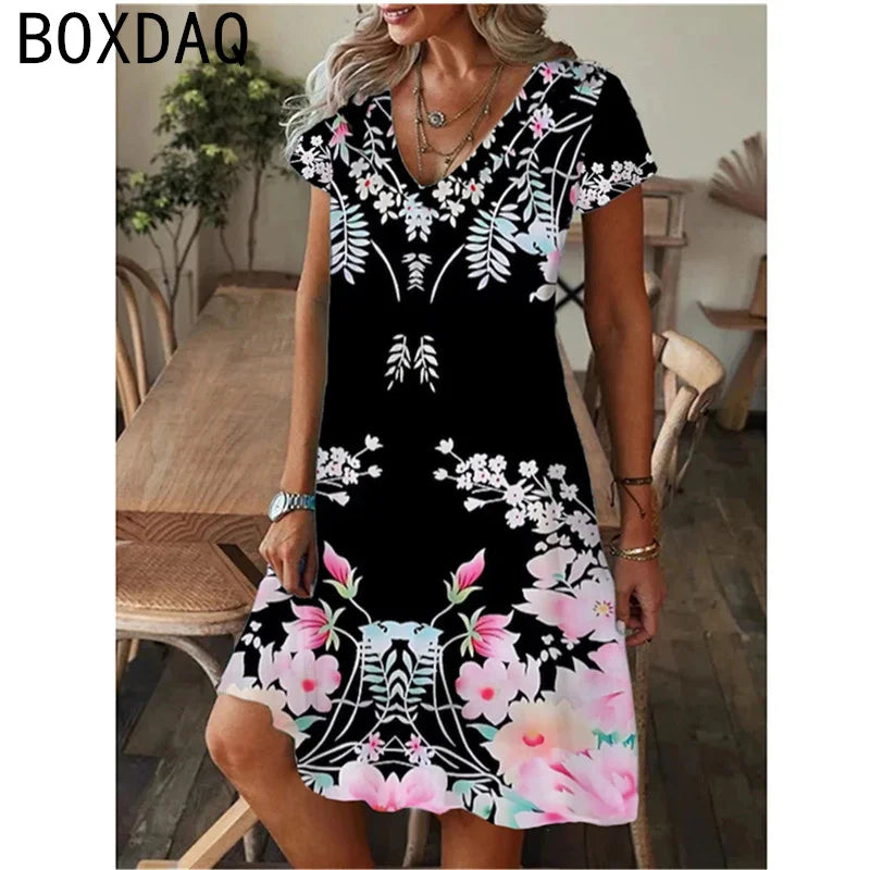 Summer Beach Casual A-Line Short Sleeve V-Neck Dress