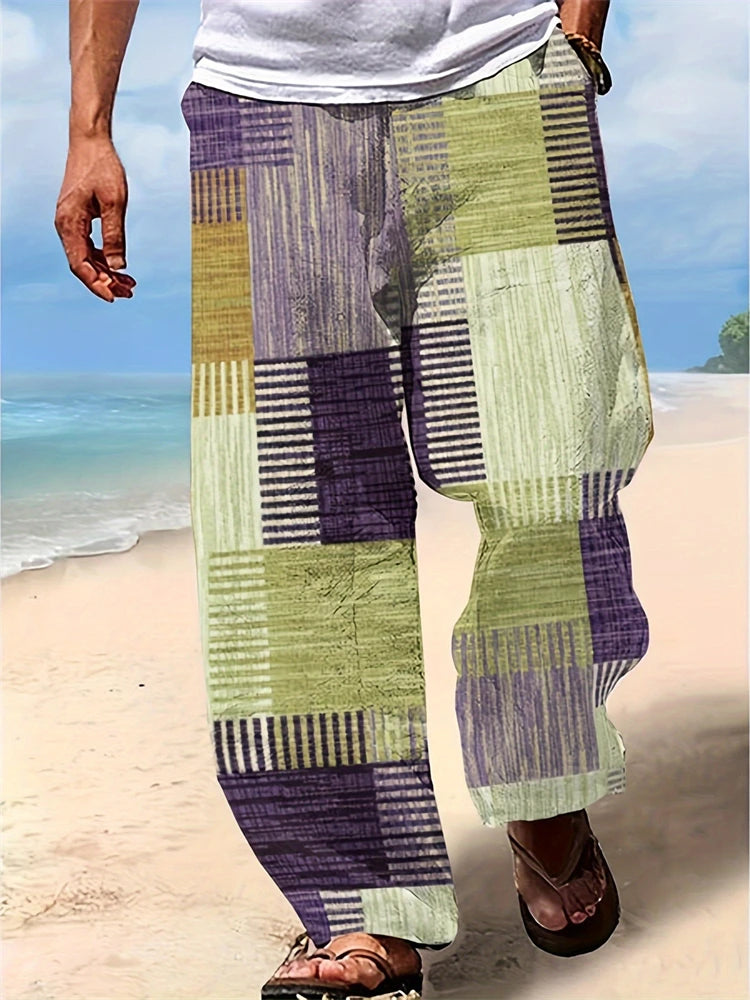 Summer Oversized New Men's Bohemian Wide Leg Pants 3D Retro Splicing Printed Loose Casual Beach Pants