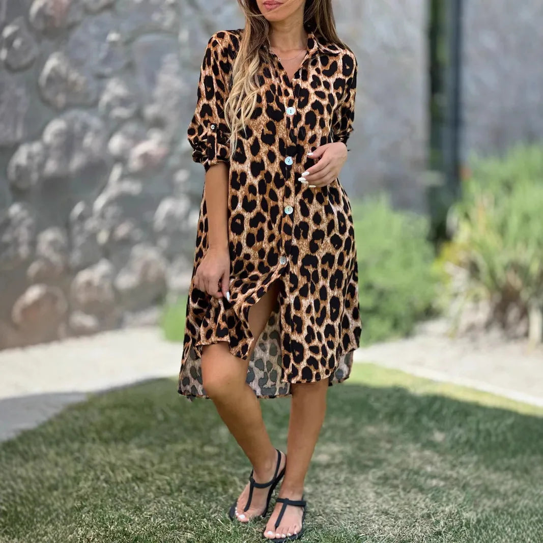 Leopard Print Shirt Dress Herbst Kleider Vestido Femininos