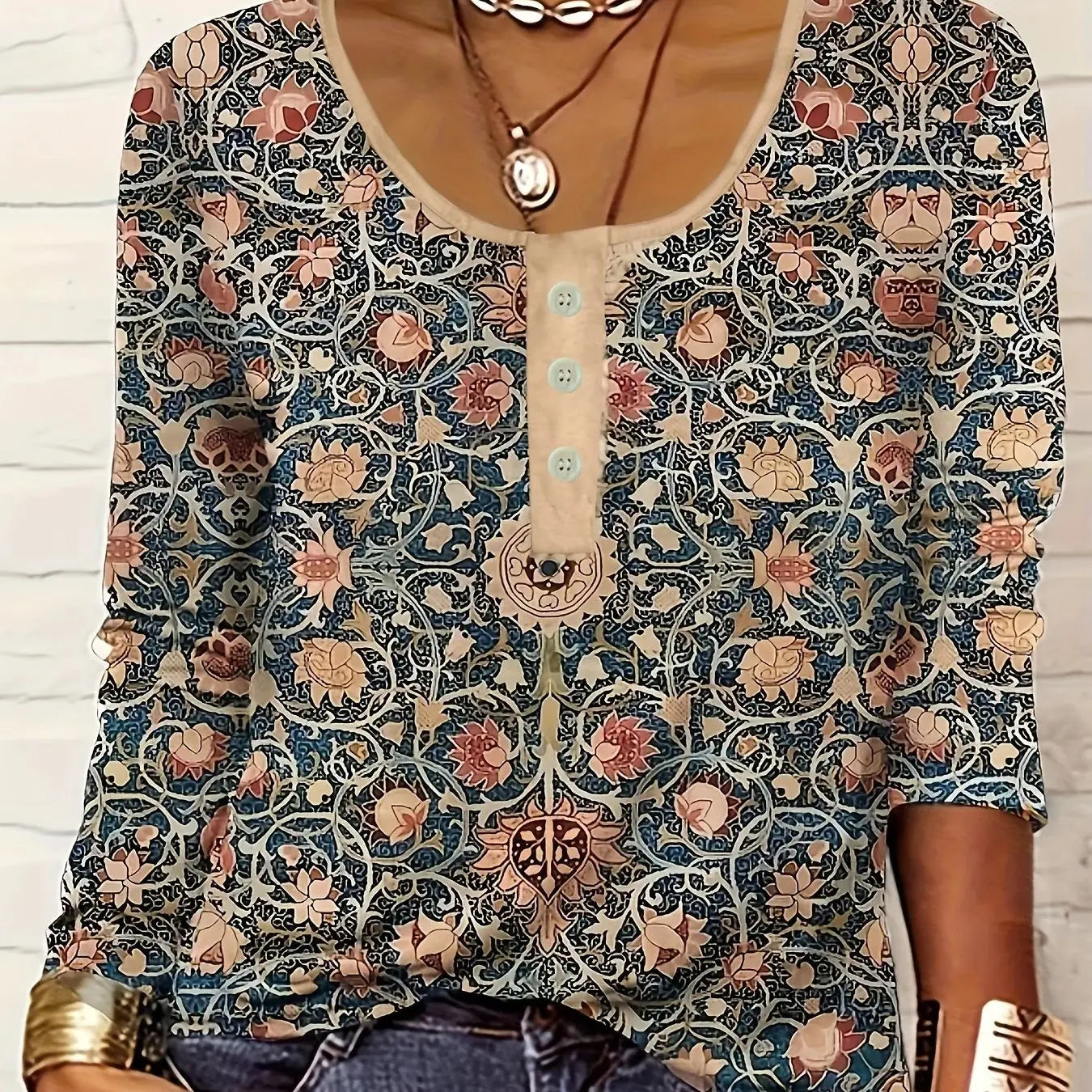 thin button ethnic print plus size women's long-sleeved T-shirt