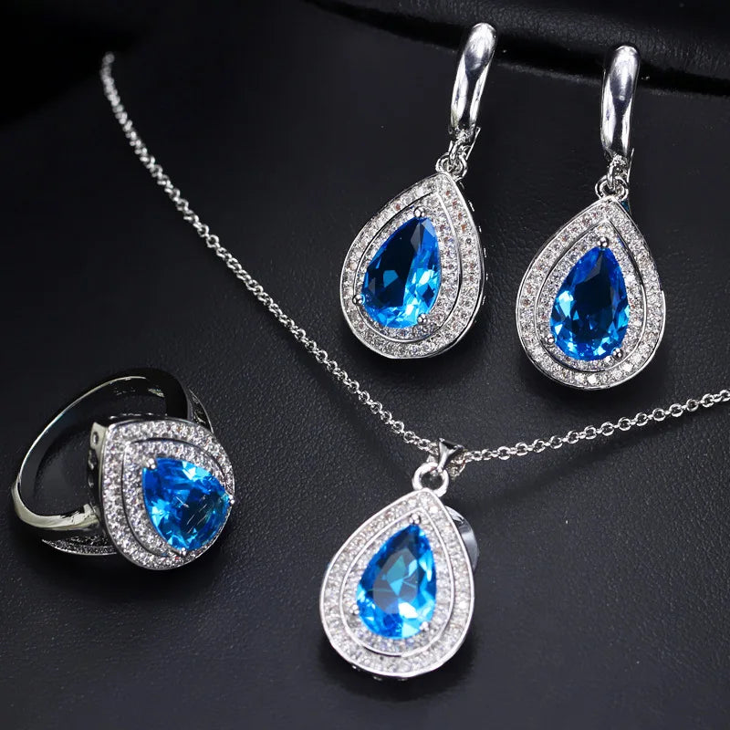 Rings Earrings Necklace 925 Silver Jewelry Set for Women Wedding Party