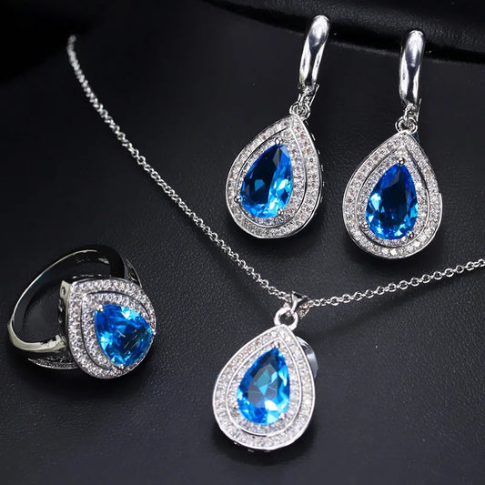 Rings Earrings Necklace 925 Silver Jewelry Set for Women Wedding Party