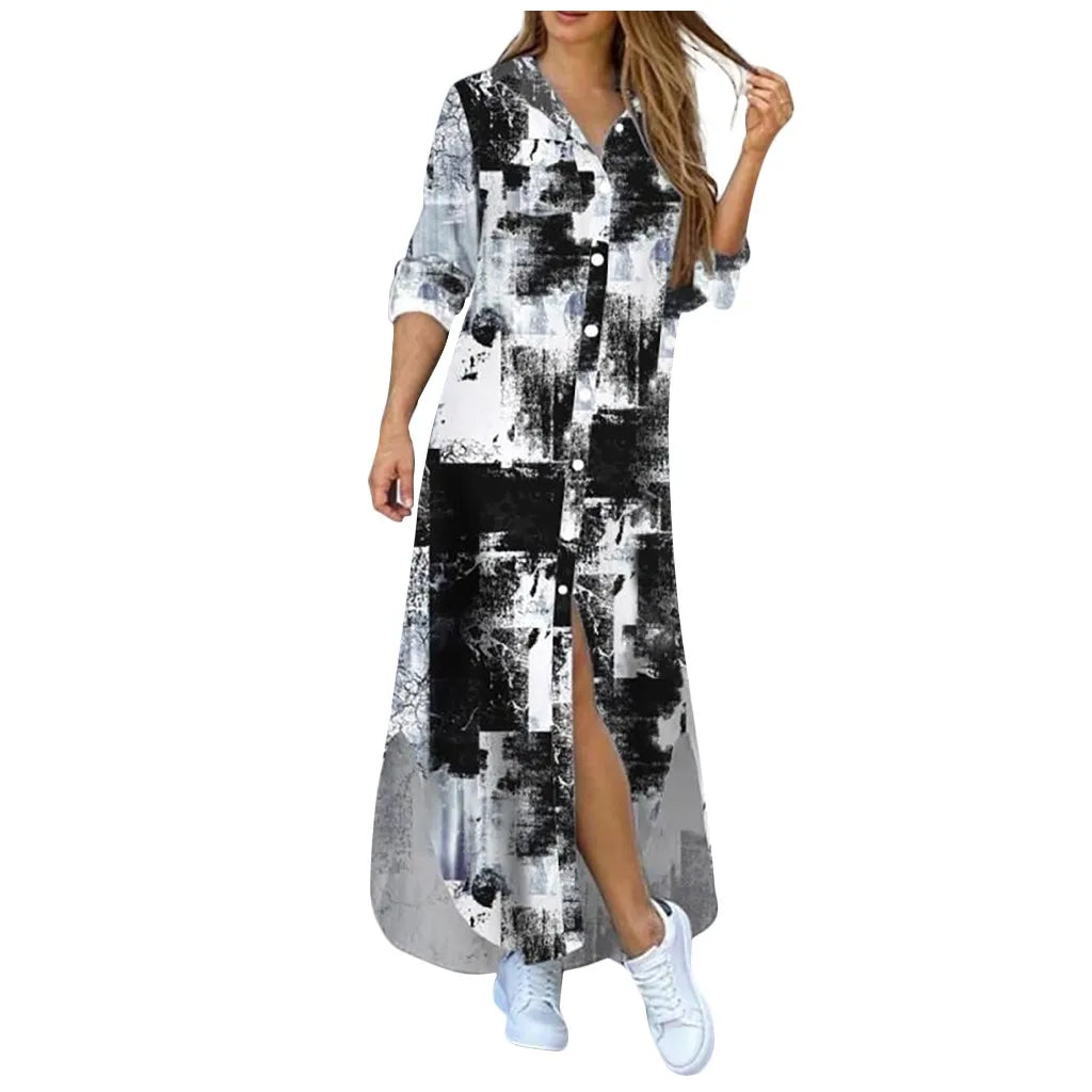 Long Sleeve  Pocket Button Print Shirts Dress