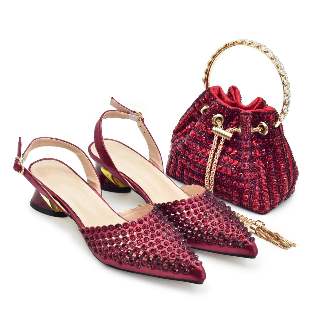 Italian Shoes with Matching Bags Set Decorated with Rhinestone