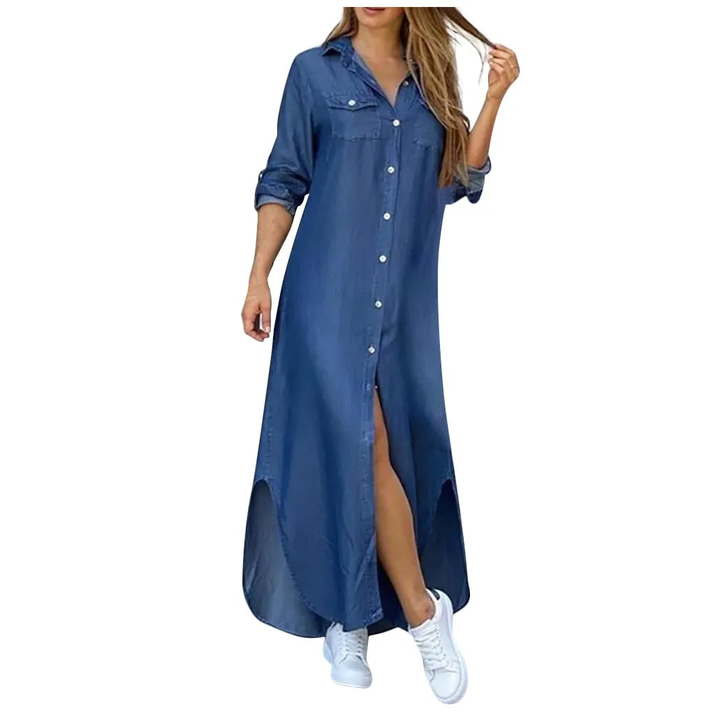 Long Sleeve  Pocket Button Print Shirts Dress