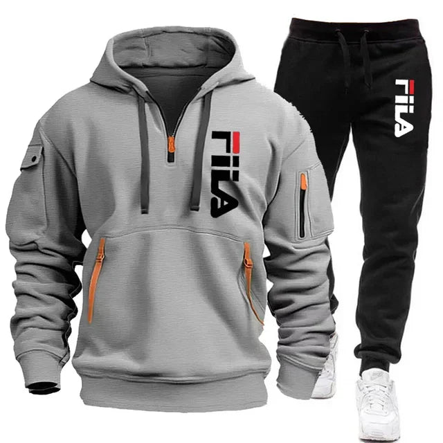 men hooded sweatshirt + Trouser, outdoor multi-pocket men's pullover sportswear set